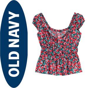 Old Navy navy floral fitted tie-front smocked top (L) - NWOT